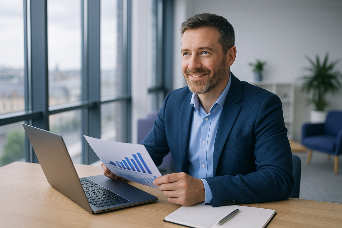 Consultant using AI automation dashboard in Ireland office