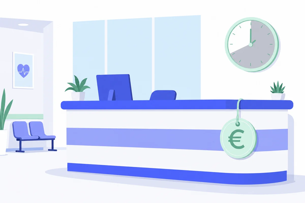 Illustration of a reception desk with a euro price tag and a clock showing hours the desk is uncovered