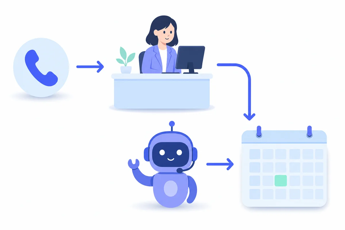 Diagram of an overflow call flow where unanswered calls route to an AI agent that books appointments