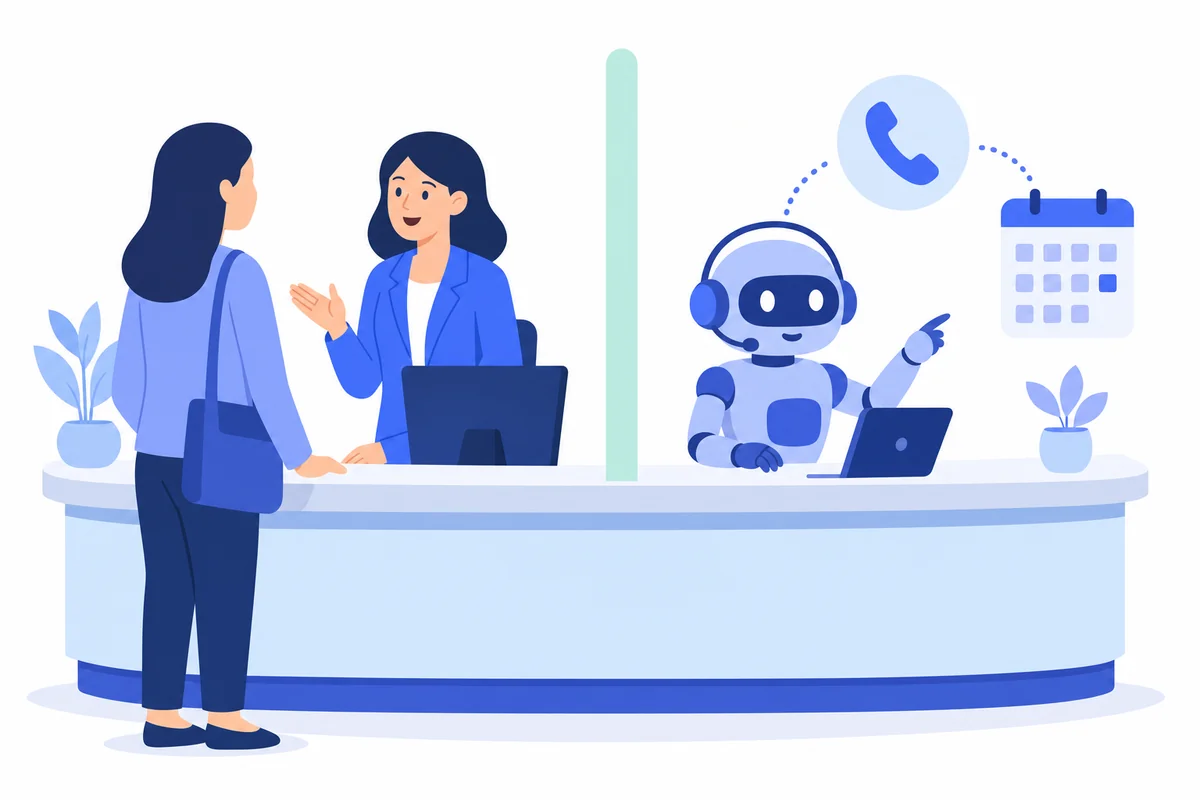 Illustration of a receptionist and an AI agent sharing a front desk, splitting routine and human tasks