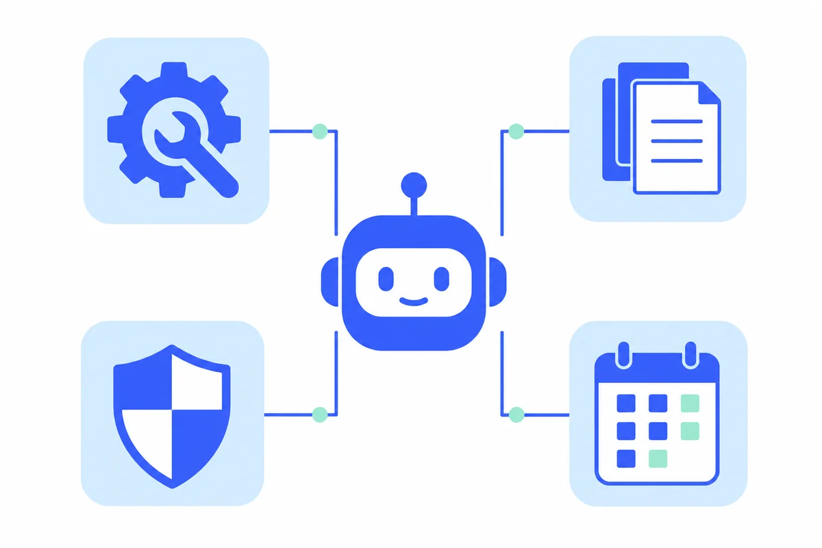 Diagram of the parts of an AI agent: model at the centre connected to tools, memory, guardrails and calendar