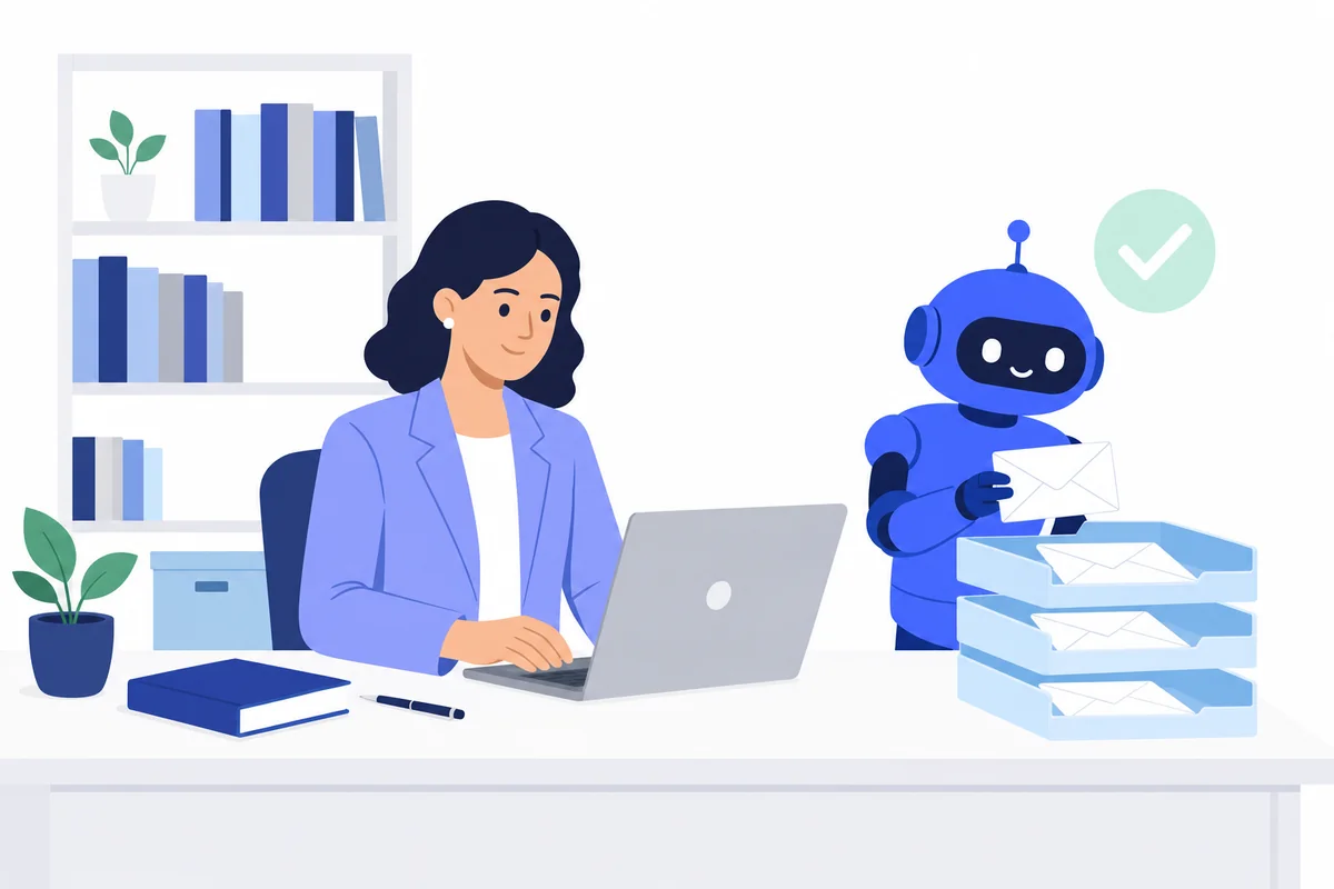 Illustration of an AI agent sorting incoming client enquiries into trays in a calm solicitor's office