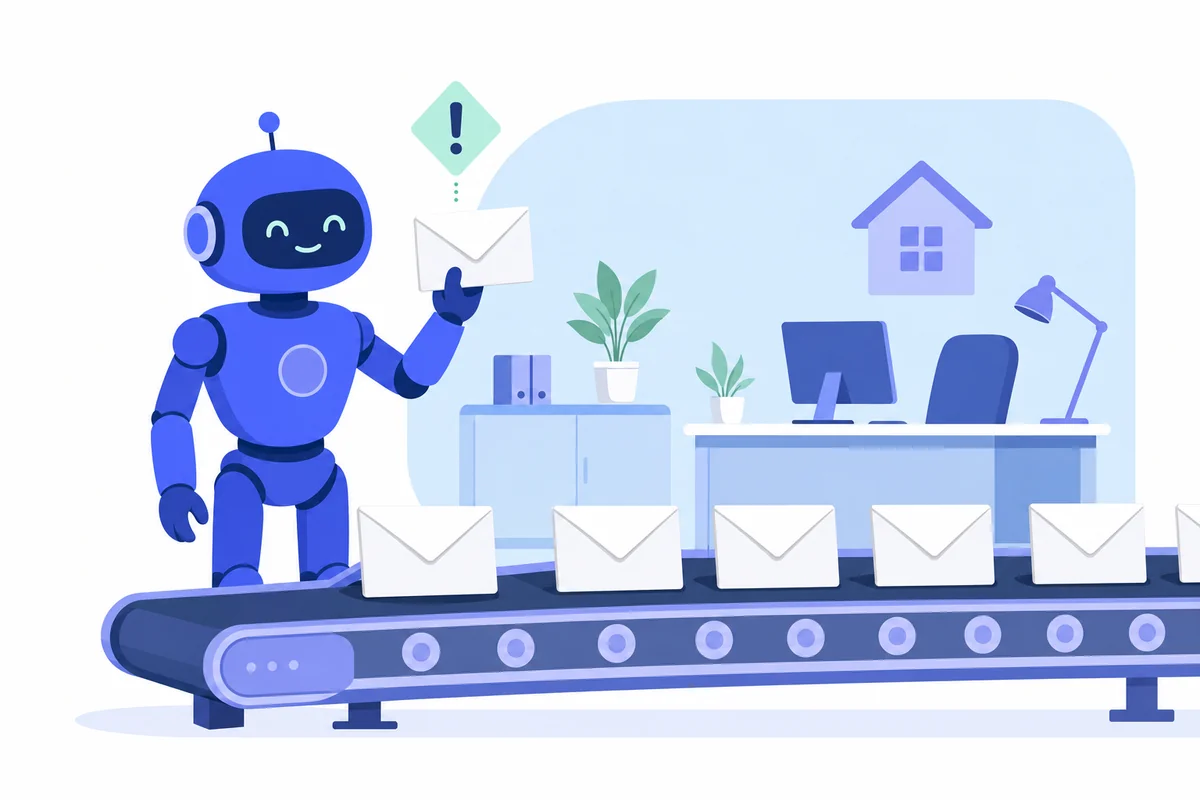 Illustration of an AI assistant reviewing outgoing emails and flagging one for a business owner