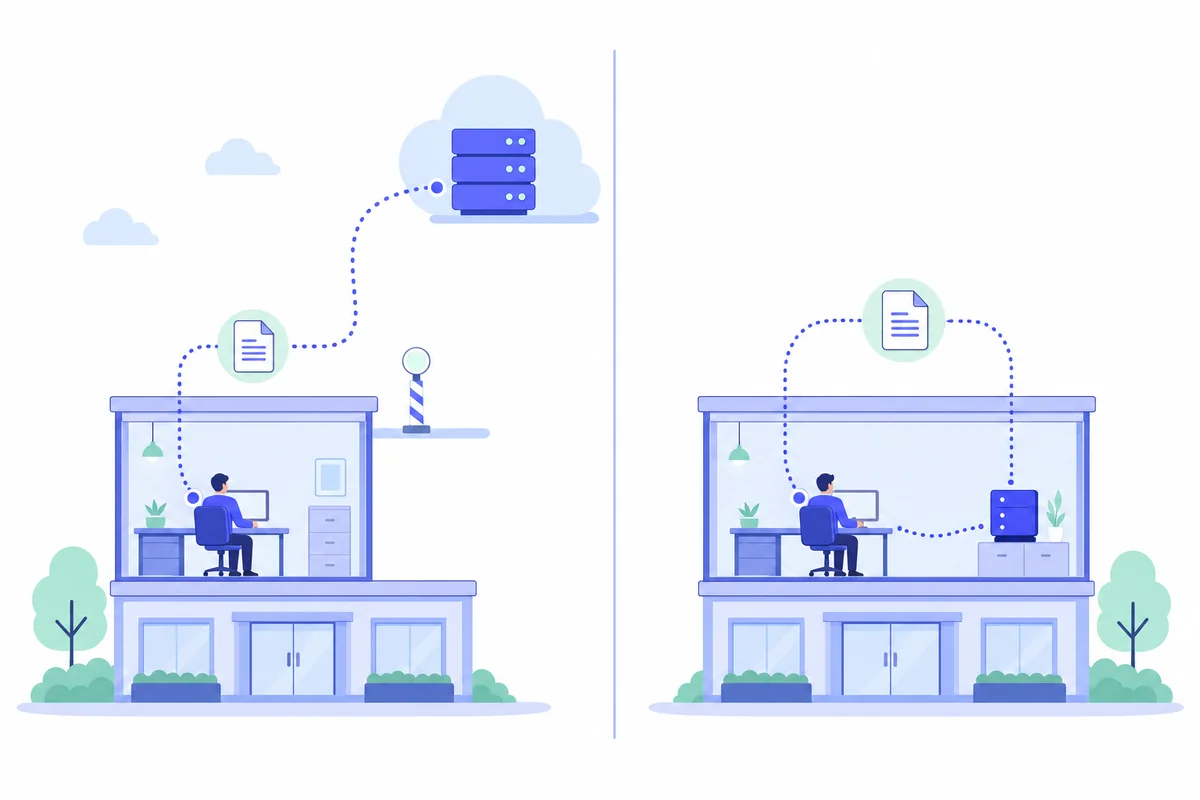 Diagram contrasting a document leaving an office to a cloud provider with the same document staying inside the building