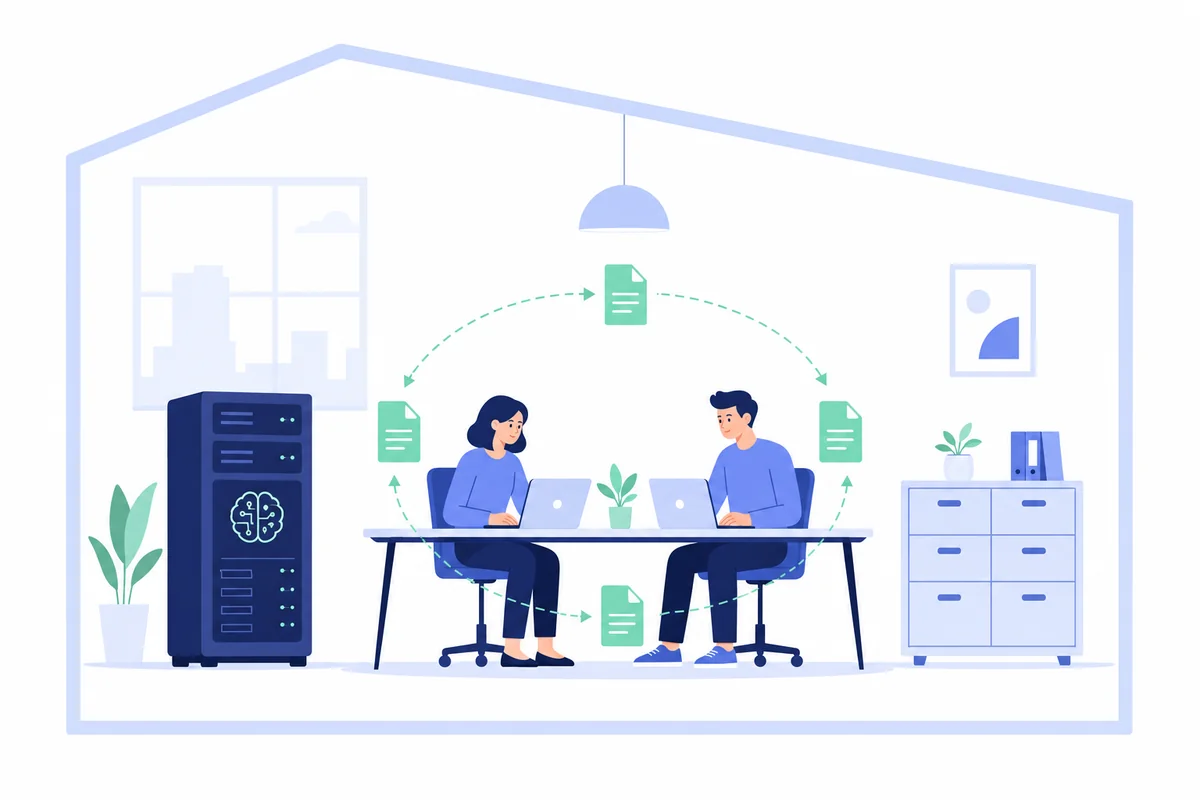 Illustration of a dedicated AI machine in an office with documents circulating inside the building and the cloud outside