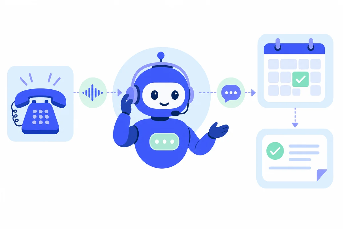 Diagram-style illustration of an AI voice agent answering a call and booking an appointment into a calendar