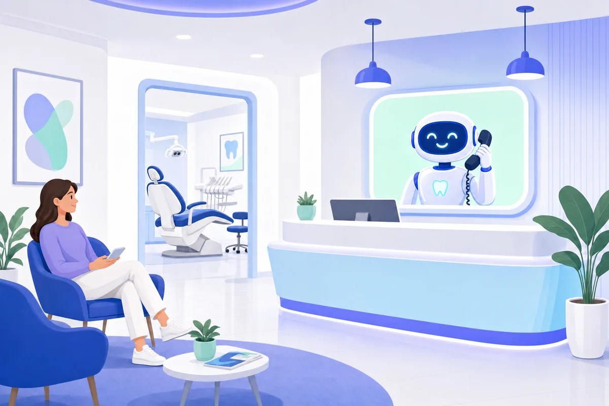 Illustration of a calm dental clinic reception with an AI assistant answering the phone