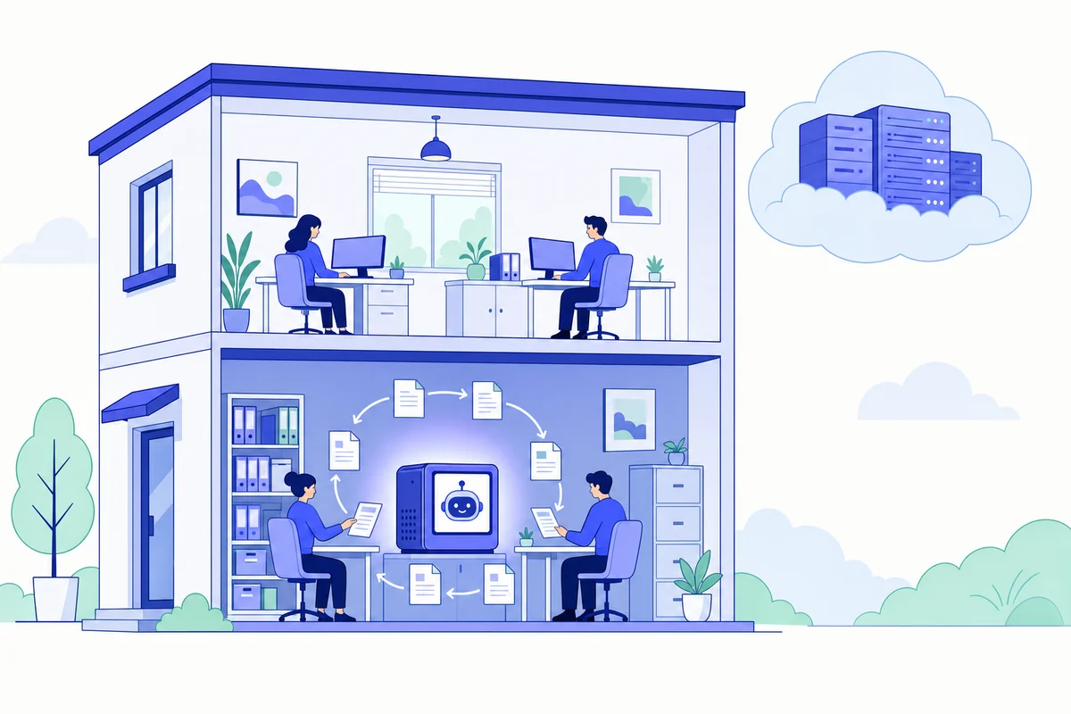 Cutaway of an estate agency with an AI machine in the back office and tenant files circulating inside the building