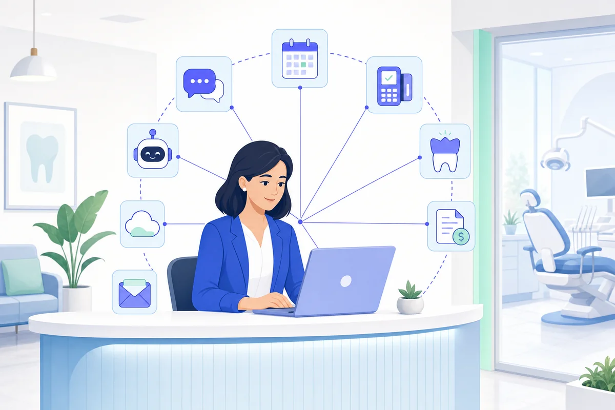 Dental practice manager at a desk with patient data flowing out to a ring of outside software providers