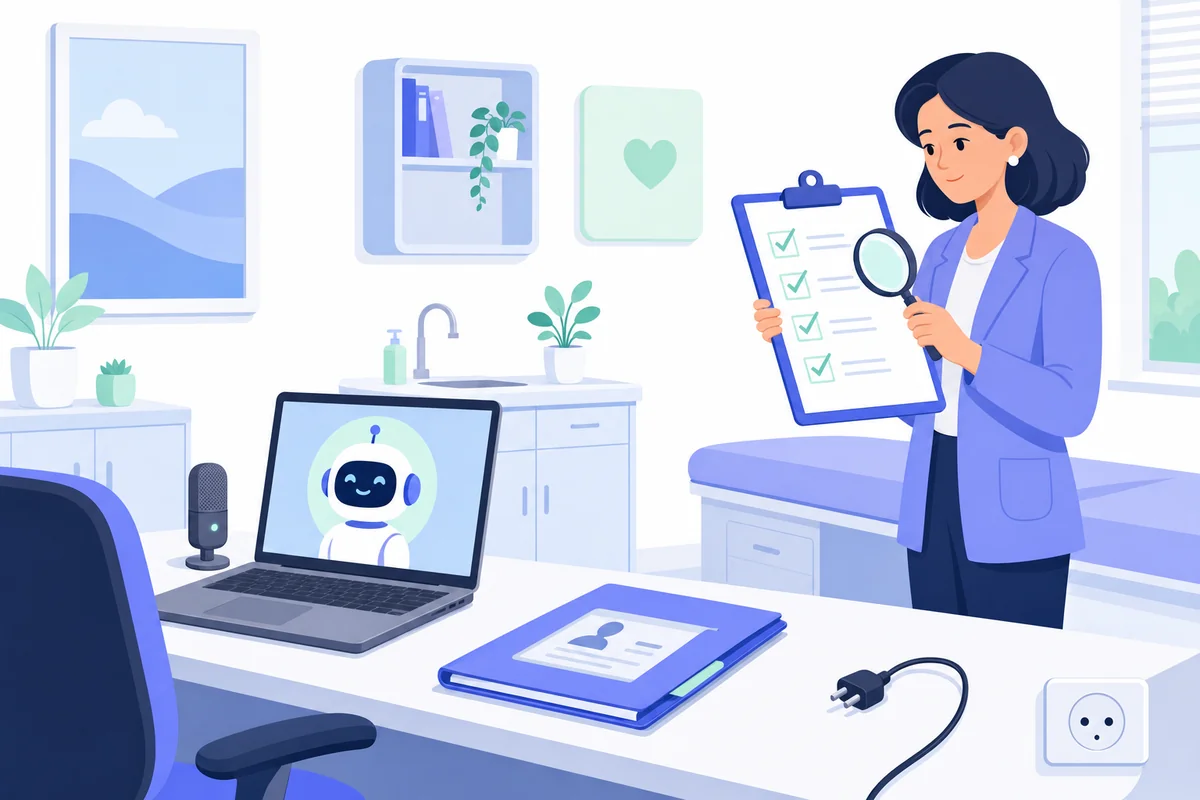 GP practice manager reviewing a checklist with a magnifying glass before an AI scribe laptop is plugged in