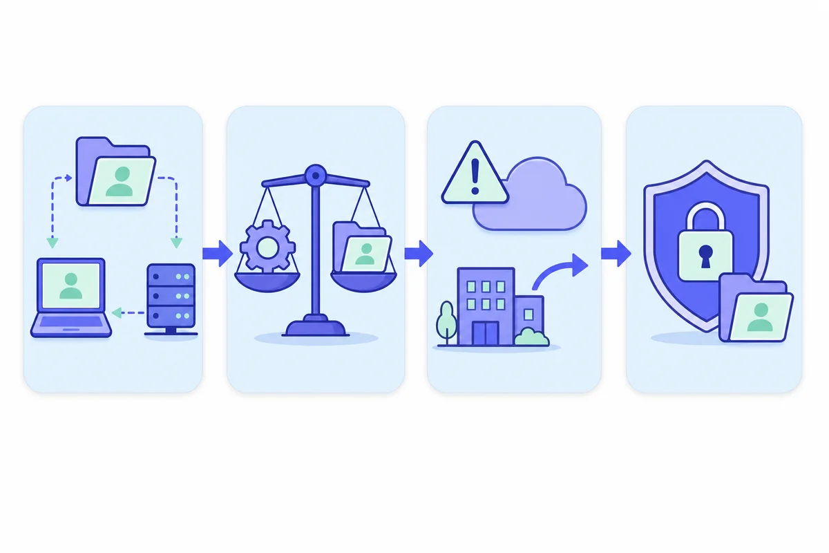 Four linked panels: mapping a data flow, weighing necessity on scales, flagging a cloud risk, then a shield protecting a file