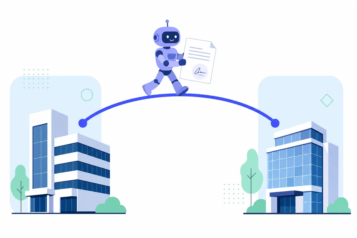 Illustration of two businesses linked by a bridge with an AI agent carrying a signed contract across