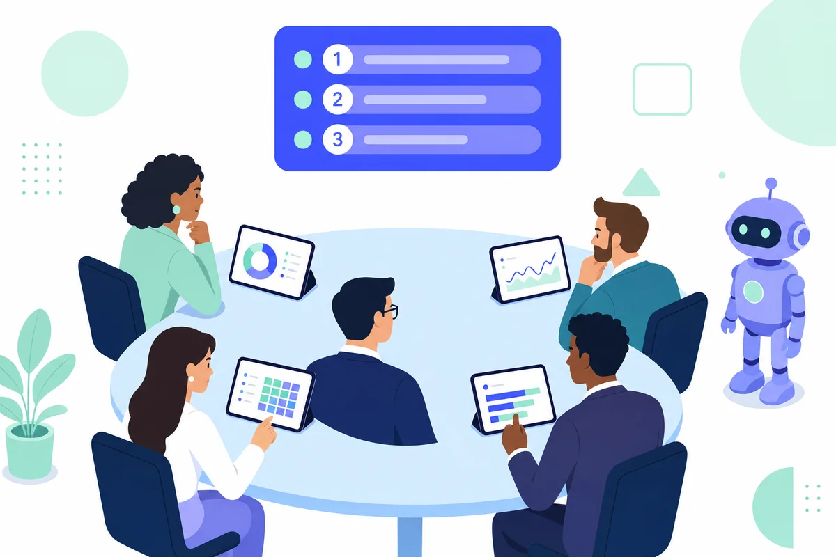 Illustration of a B2B buying committee reviewing a ranked shortlist of suppliers on screens