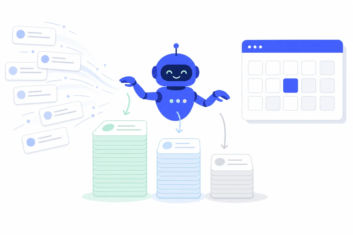 Illustration of an AI agent sorting incoming sales enquiries into scored piles and booking a meeting