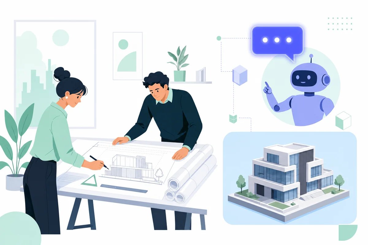 Illustration of a small architecture studio with drawings and a model while an AI agent handles an enquiry