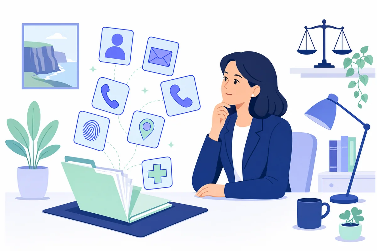 Solicitor at a desk with a client file open and identifier cards drifting out: person, email, phone, location, health