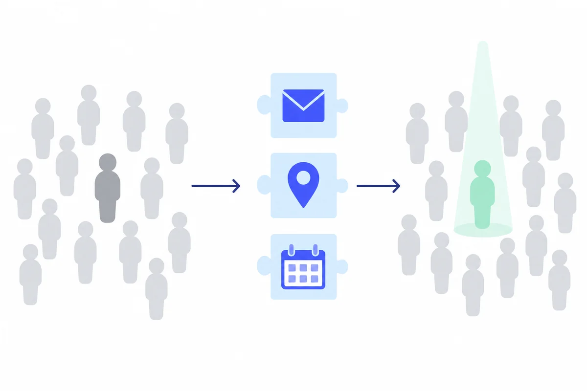 Diagram of one anonymous silhouette in a crowd being singled out once an email, a location and a date are combined