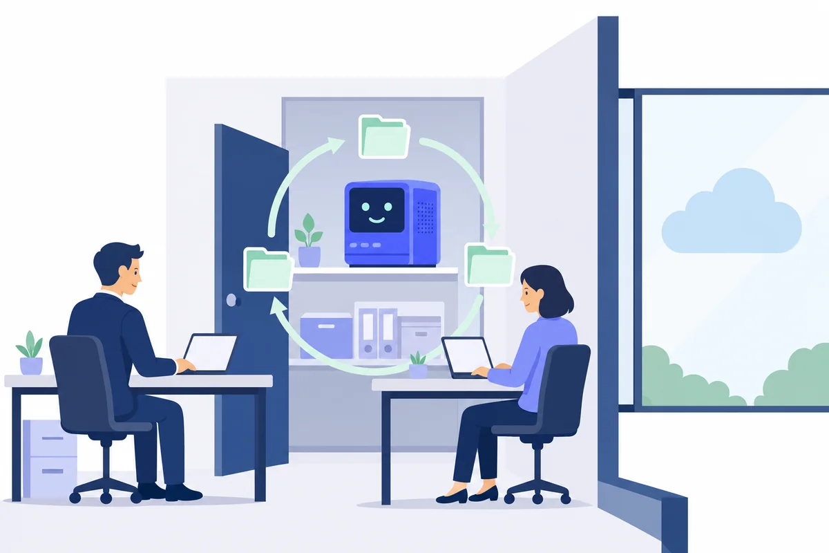 Dedicated AI machine in a law firm's back office, client files circulating inside the building, the cloud kept outside