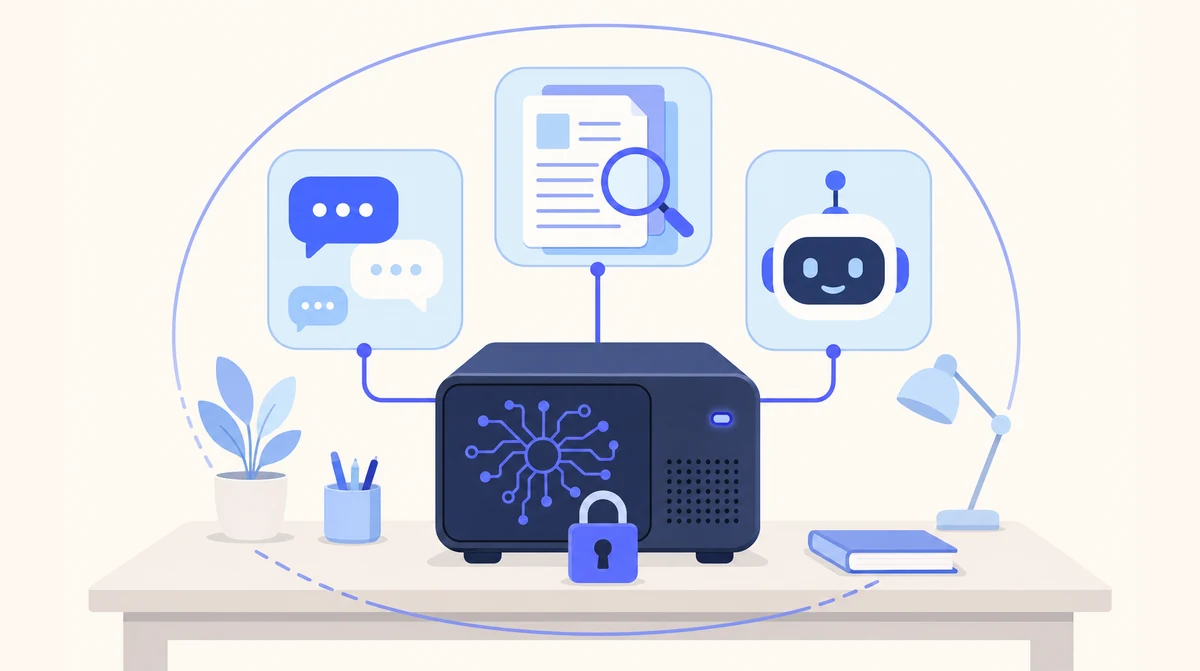 Local AI &mdash; a dedicated AI machine on an office desk running private chat, document search and AI assistants