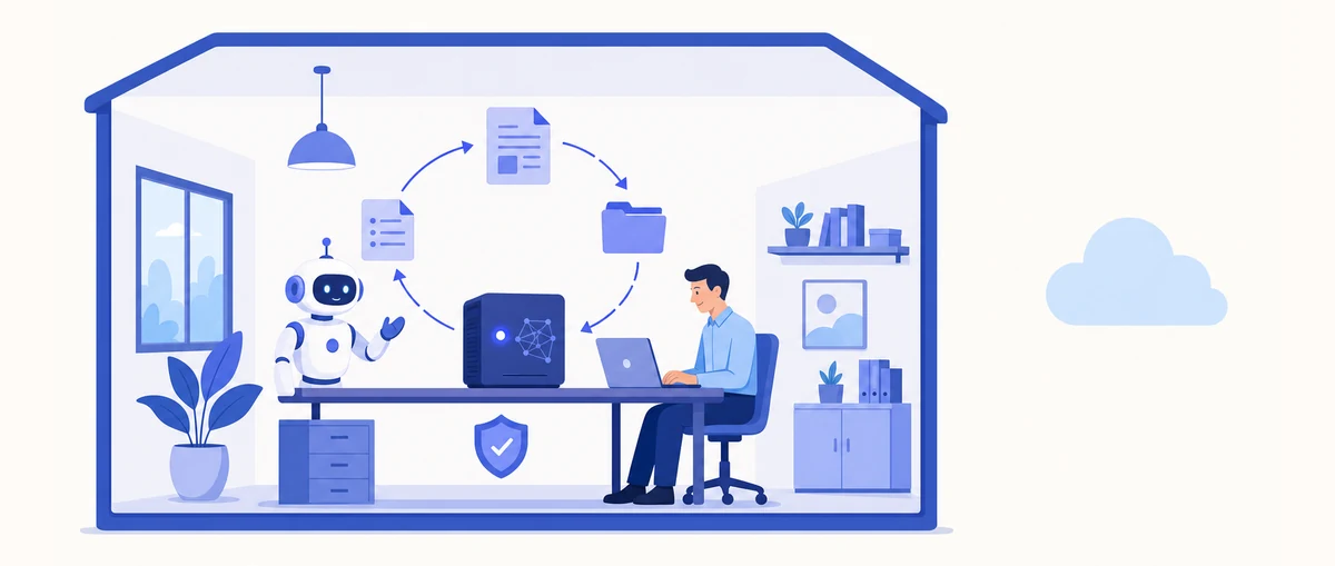 Local AI — a dedicated AI machine in an office, with documents circulating inside the building and the cloud left outside